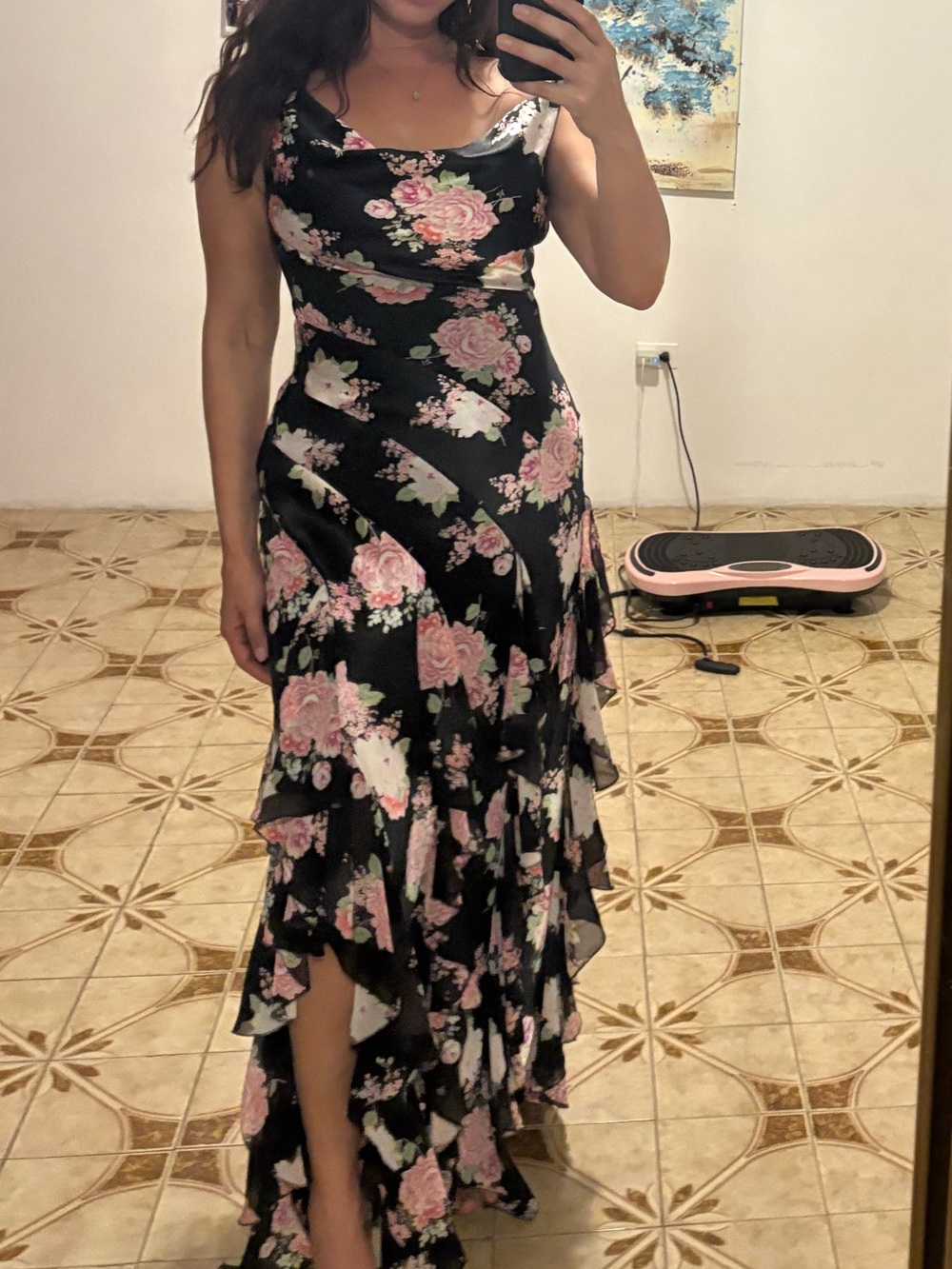 Black Floral Ruffled Maxi Dress - Elegant Women's Evening Dress